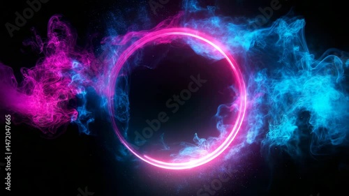 Vibrant neon circle surrounded by colorful smoke on black background  