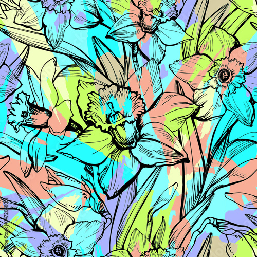 Bright floral seamless pattern with daffodil flowers in full bloom in multi color acid tones. Botanical modern design for textile, apparel fabric, bedding, dress, wallpaper.