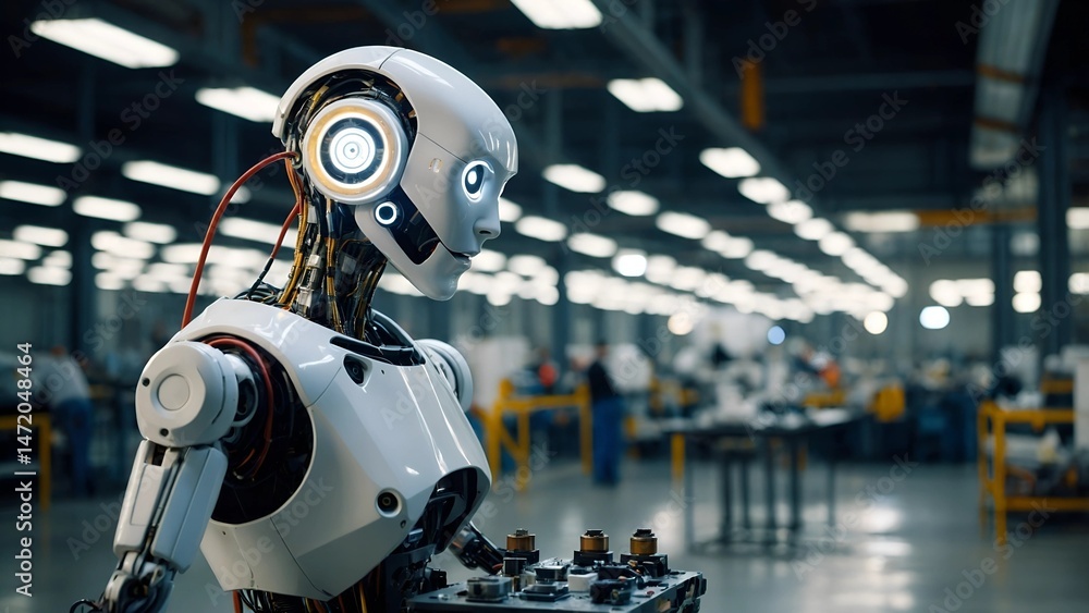 Fototapeta premium A high-resolution digital rendering featuring a humanoid robot in a modern industrial setting.