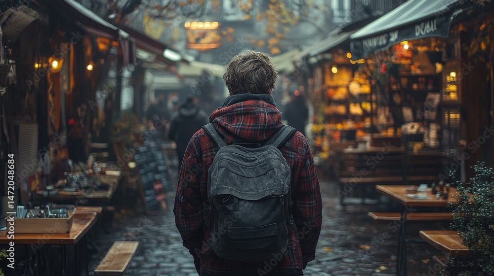 A person walks down a bustling covered marketplace alley. A person walks down a bustling covered marketplace alley.