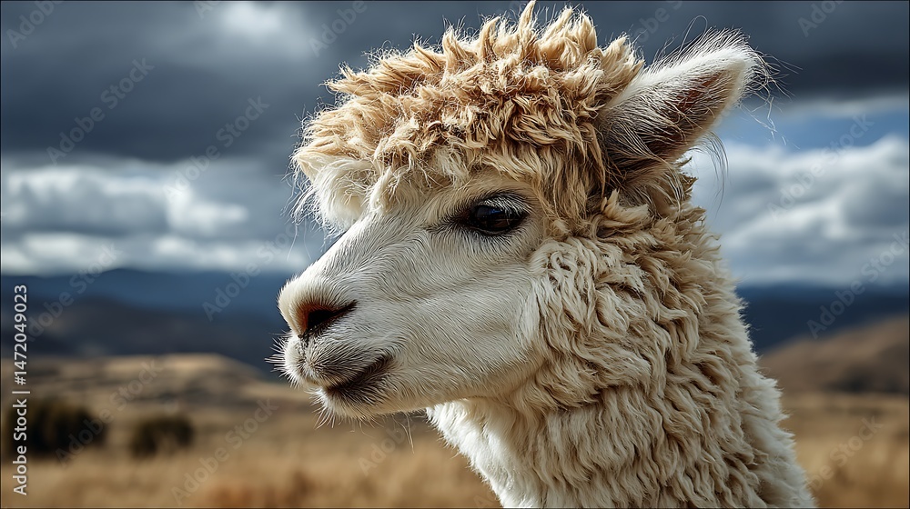 Obraz premium A alpacas face, with a soft-focus landscape behind.