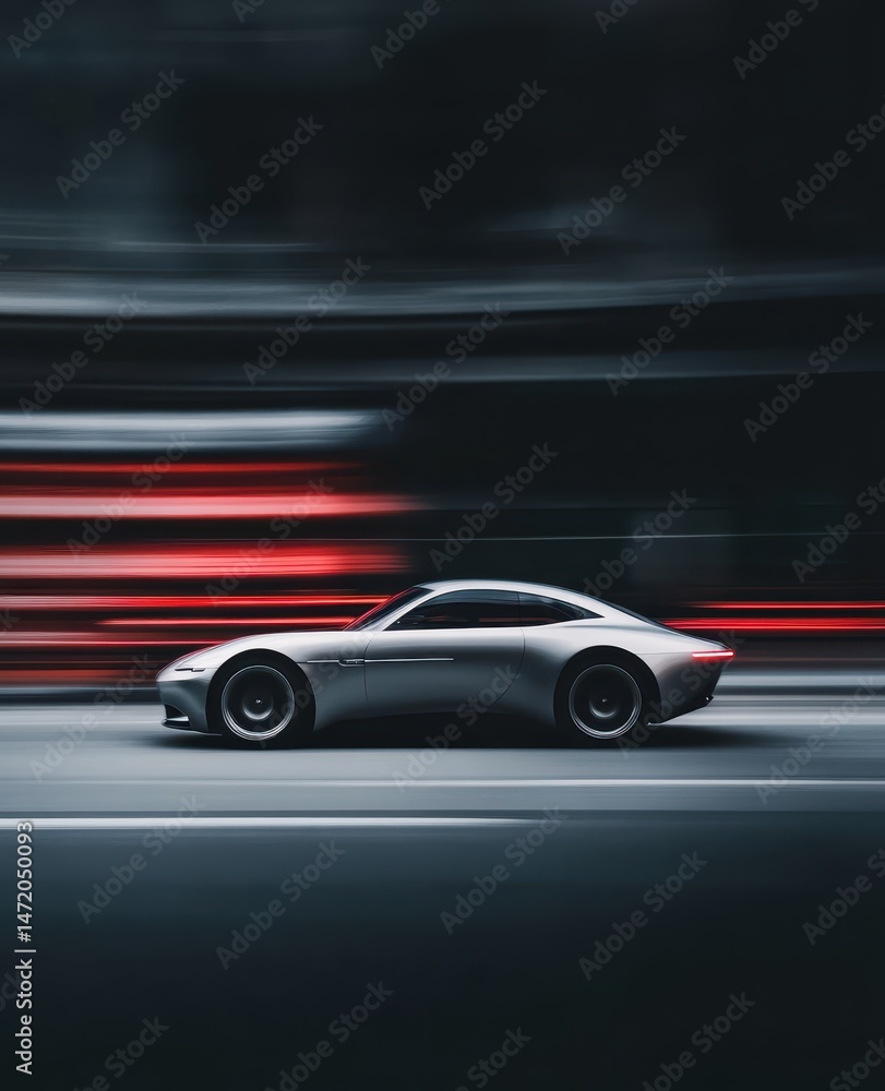 Obraz premium Sleek Silver Car in Motion with Dynamic Blurred Background