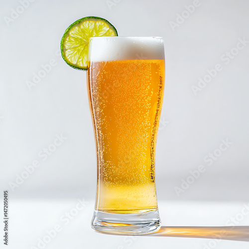 A tall glass of beer with a lime wedge on top