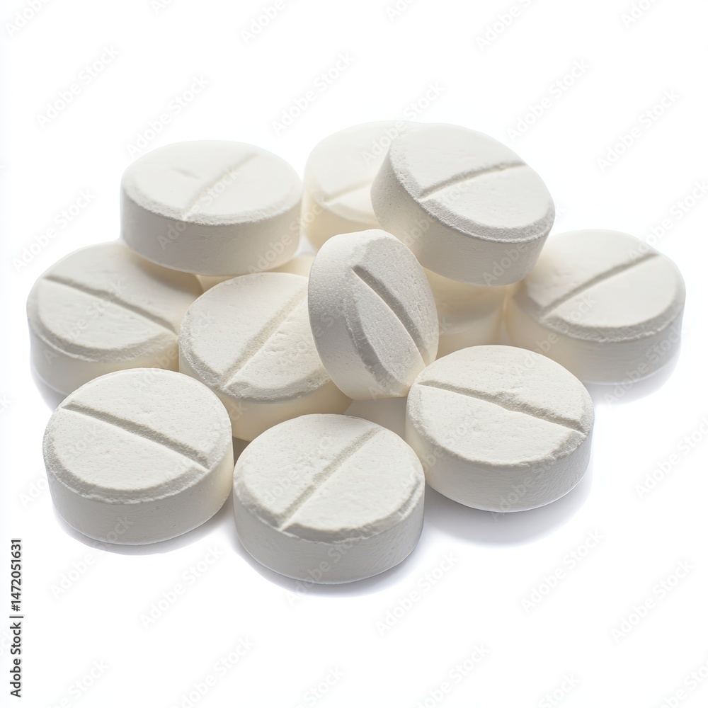 White Round Medicine Tablets Piled on a Clean White Surface White Round Medicine Tablets Piled on a Clean White Surface
