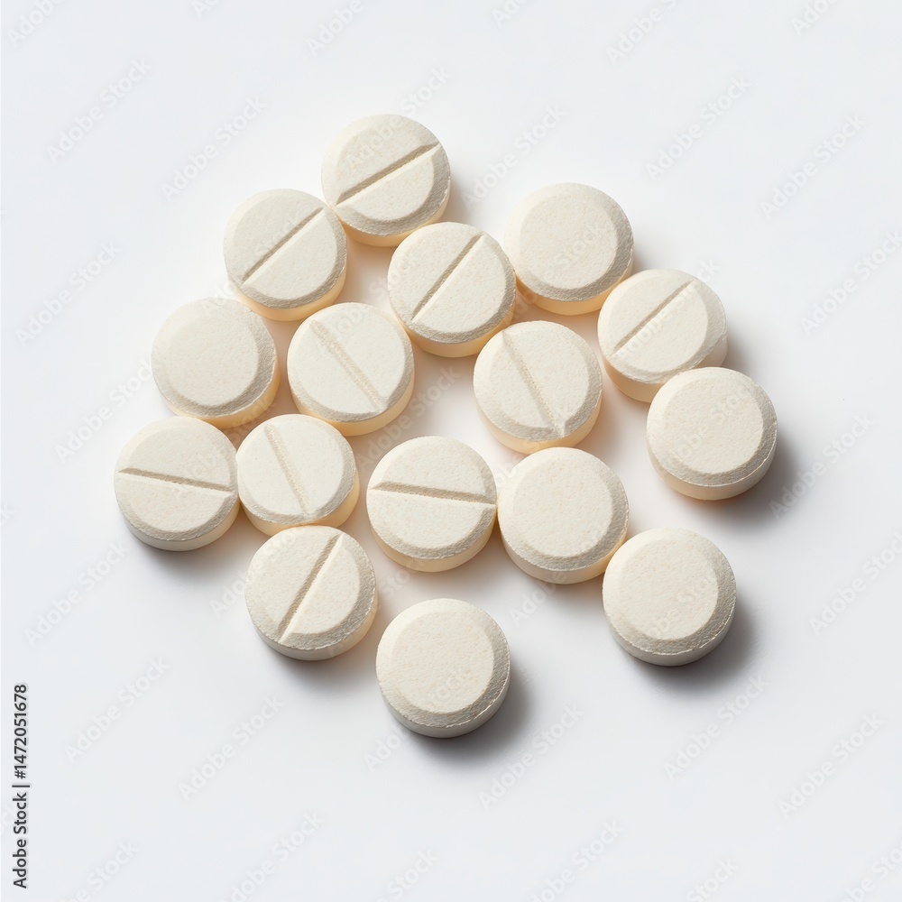 White Circular Tablets on Soft Gray Background for Health Topics White Circular Tablets on Soft Gray Background for Health Topics