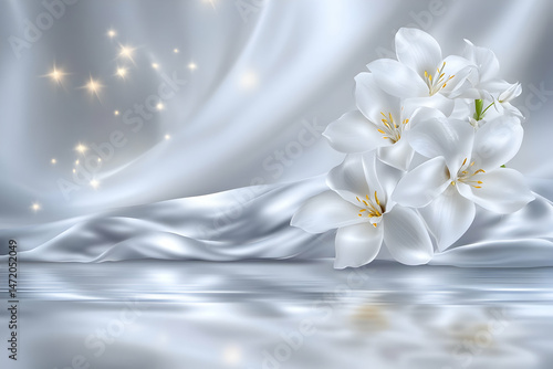 Elegant white lilies on flowing silver fabric photo