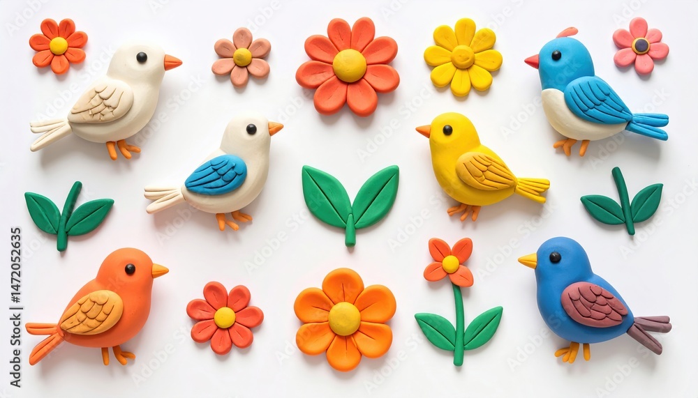 Obraz premium Colorful clay birds and flowers: creative art on white background