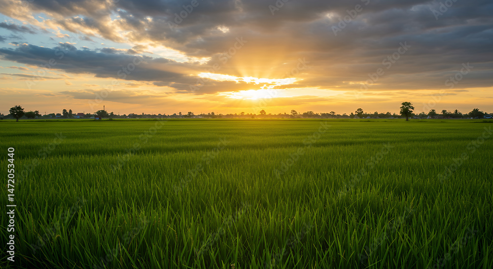 Golden Sunrise over Rice Fields: Serene Landscape, Green Paddy, Natural Beauty, Breathtaking Scenery Golden Sunrise over Rice Fields: Serene Landscape, Green Paddy, Natural Beauty, Breathtaking Scenery