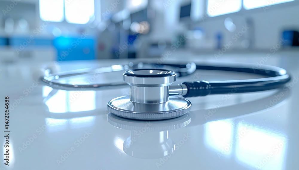 Stainless Steel Stethoscope Poised on White Medical Laboratory Table with Reflections in Bright and Clean Healthcare Environment Stainless Steel Stethoscope Poised on White Medical Laboratory Table with Reflections in Bright and Clean Healthcare Environment