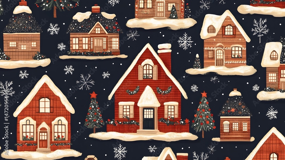 Fototapeta premium Charming Christmas Village Seamless Pattern, Festive Houses, Snow, and Trees