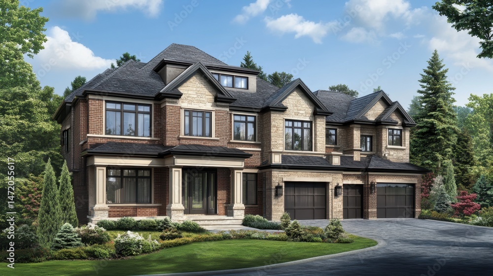 Digital rendering of a real estate project showcasing modern homes with minimalistic design and landscaping Digital rendering of a real estate project showcasing modern homes with minimalistic design and landscaping