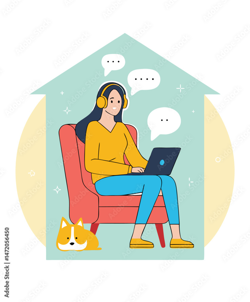 Work from home concept. Vector illustration of a young pretty woman sitting in a red armchair and working on a laptop inside the house silhouette. Isolated on background
Important information Work from home concept. Vector illustration of a young pretty woman sitting in a red armchair and working on a laptop inside the house silhouette. Isolated on background
Important information