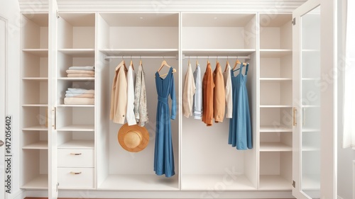 Organized wardrobe with clothing and accessories neatly arranged inside