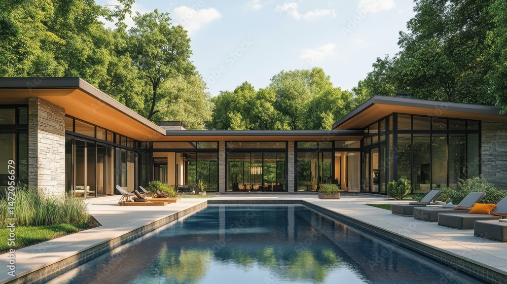 Home design plan showing U-shaped modern layout with pool, deck, and large sliding doors Home design plan showing U-shaped modern layout with pool, deck, and large sliding doors