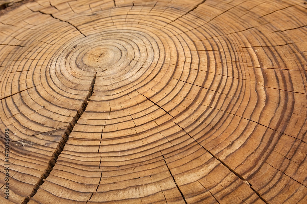 Naklejka premium Detailed Cross Section of a Tree Trunk Revealing Growth Rings