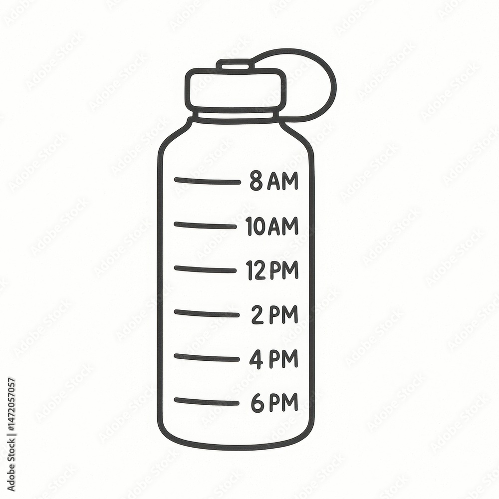 A water bottle with hourly time markers from 8 AM to 6 PM to track daily hydration. A water bottle with hourly time markers from 8 AM to 6 PM to track daily hydration.