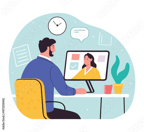 Online interview. Vector flat modern illustration of a man talking to a young woman on a video call on his computer. Isolated on background