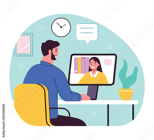 Online interview. Vector flat modern illustration of a man talking to a young woman on a video call on his computer. Isolated on background