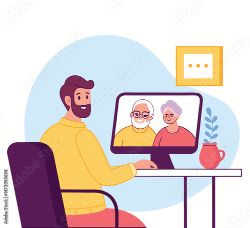 Online interview. Vector flat modern illustration of a man talking to a young woman on a video call on his computer. Isolated on background