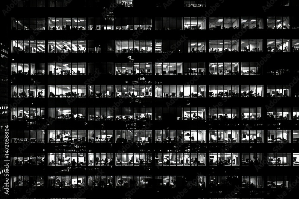 Fototapeta premium Office building at night with illuminated windows. AI image