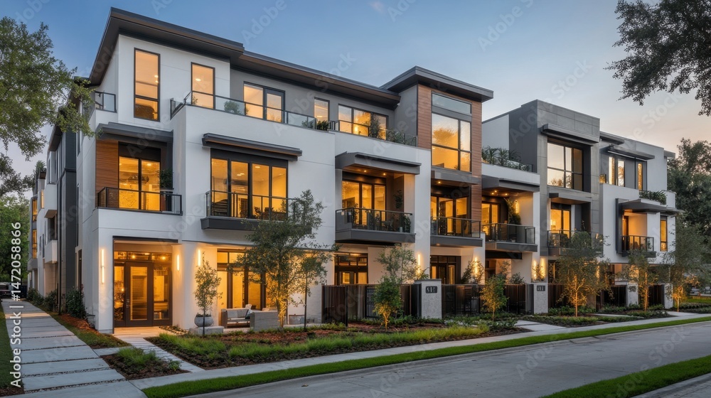 Fototapeta premium Modern architecture featuring overlapping volumes, clean white exteriors, and glass elements