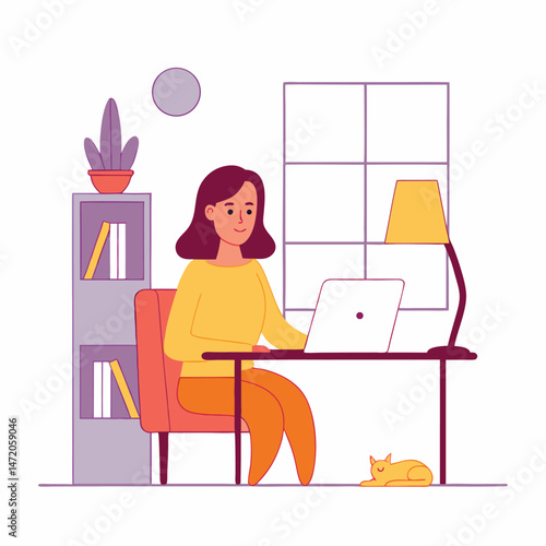 Working from home. Vector illustration of a young pretty woman sitting on a red armchair in her apartment and working on a laptop at the desk. Isolated on white