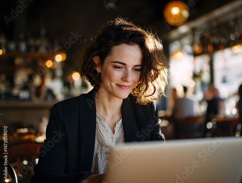 A woman working on a laptop in a cozy, ambient setting, suggesting focused work in a relaxed environment.
