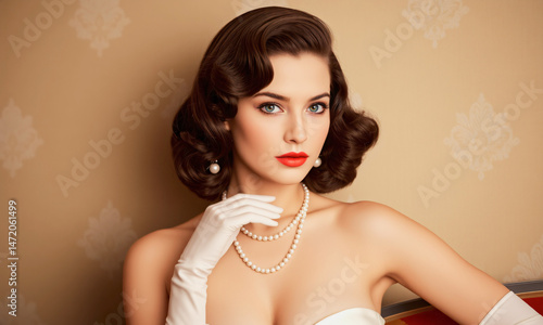 Retro glamour fashion model in 1950s pin-up outfit satin gloves curled hair Generative AI
