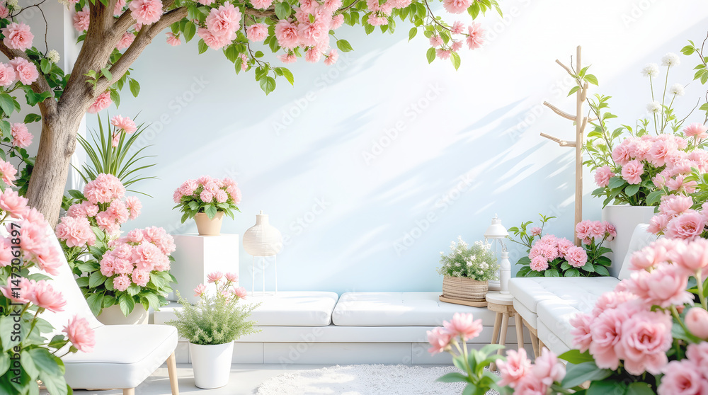 Fototapeta premium A serene outdoor patio is filled with blooming pink roses and lush greenery, featuring white furniture and bathed in soft sunlight.