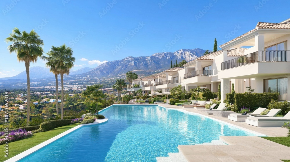 Fototapeta premium Real estate project design with contemporary townhouses in a gated community with spacious courtyards