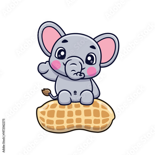 Funny Cartoon Elephant Sitting On Peanut Waving Hand Illustration Icon Vector, Animals Food And Drink. Holidays. Cartoon Style Flat