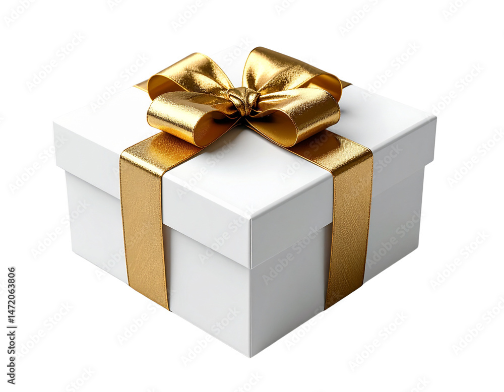 Obraz premium White Gift Box with Shiny Gold Ribbon, Transparent PNG