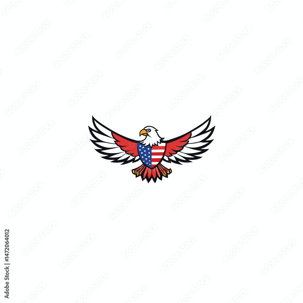 Obraz premium eagle with the American flag on it open wide spread wings silhouette on white background