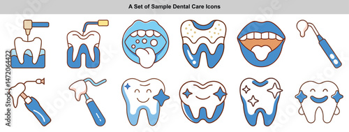 Dental Icons Set Teeth, Mouth, Tongue, Tools with Blue Outline on Transparent Background