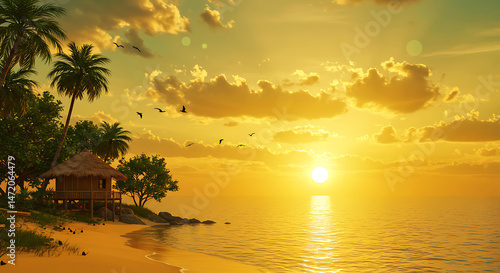 Coleção: papel de parede com poente do sol no mar com belas palmeiras photo
