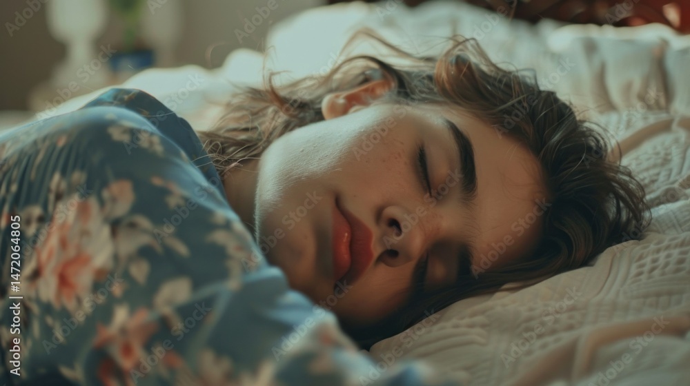 Obraz premium Peaceful woman sleeping in bed with soft sheets stock photo --ar 16:9 --raw --v 6 Job ID: 78b6c271-2e70-4773-8c3b-247b9cce7ba8