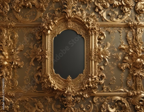 Opulent gold baroque wallpaper, rich jewel tones, scrolls, wallpaper