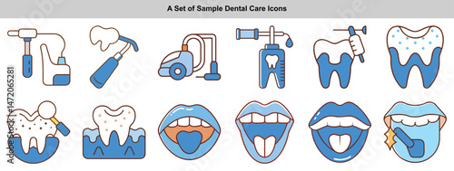Dental Tool Icon Set With Teeth and Mouth Symbols in Blue and White Outline Style