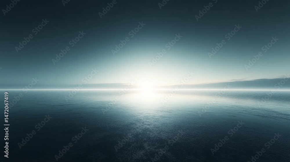 Obraz premium Vast, tranquil expanse of water under a bright, hazy sunrise.