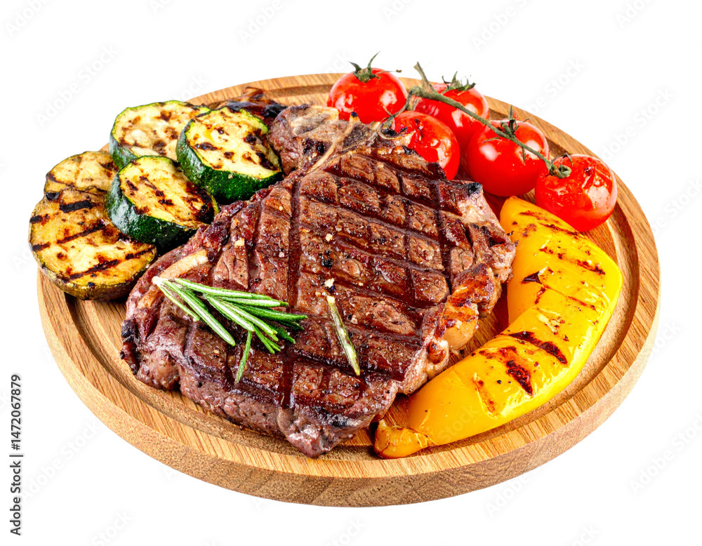 Grilled T Bone Steak with Vegetables Isolated on Transparent Background PNG for Food Photography