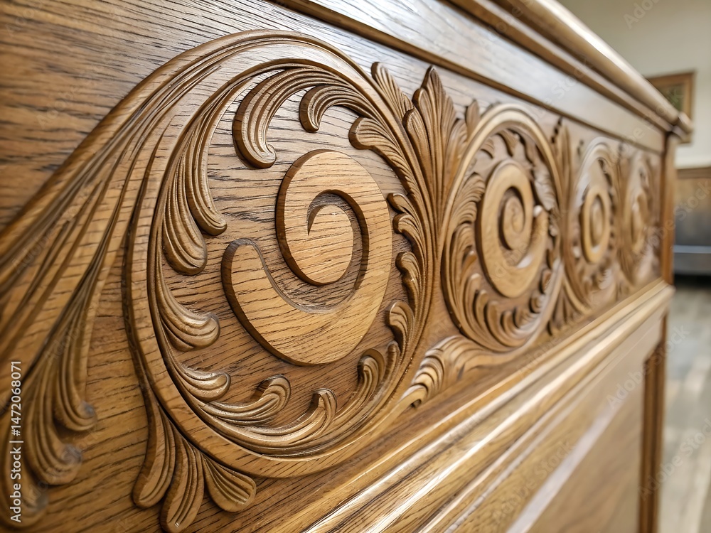 Naklejka premium Intricate Swirl Carving on Rich Oak Wood Panel