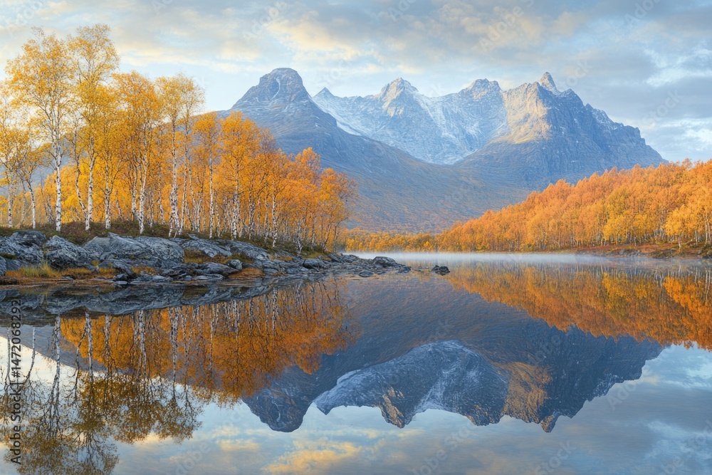 Fototapeta premium Majestic mountains reflected in calm waters surrounded by golden autumn trees under a soft, cloudy sky.
