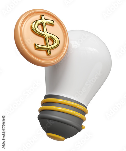 3d cartoon light bulb with coins isolated. investment, learning idea, startup concept, 3d render illustration