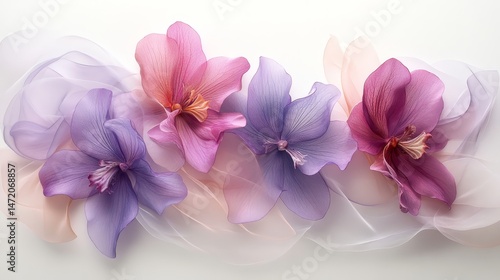 Delicate, pastel-colored orchids arranged on sheer fabric.