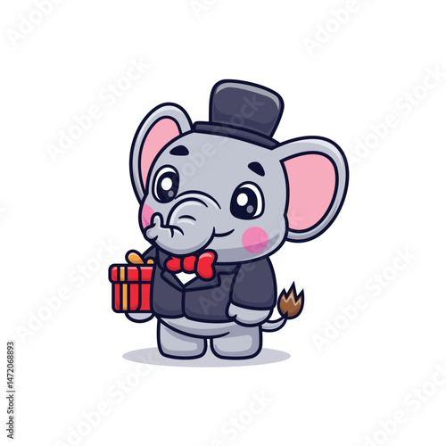 Cute Cartoon Elephant Dressed Up Bringing Birthday Party Gifts Illustration Icon Vector, Animals Fashion, Cartoon Style Flat