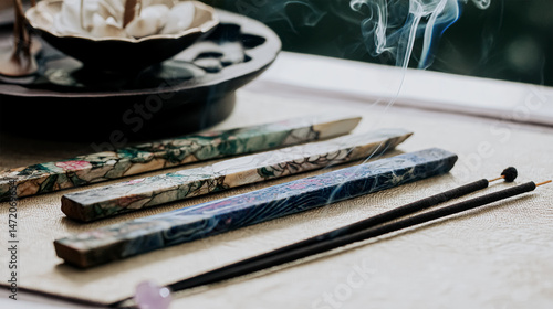 Wallpaper Mural Incense stick smoldering in holder and spa stones on wooden table outdoors. Om ligature Torontodigital.ca