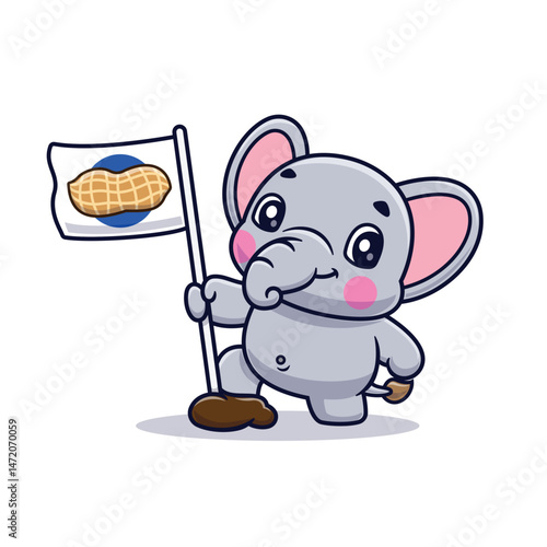 Cute Cartoon Elephant Holding Peanut Flag Illustration Icon Vector, Animals Food And Drink, Cartoon Style Flat.