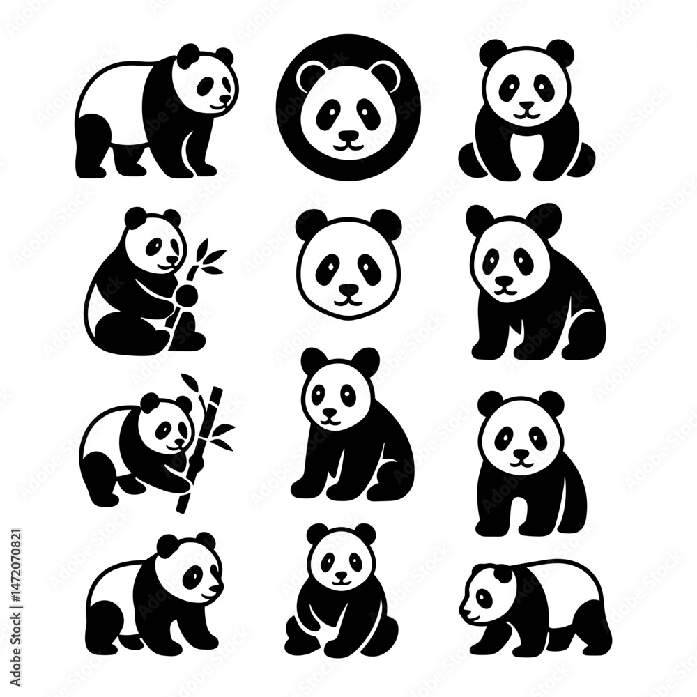 Fototapeta premium Set of Cute Panda Illustrations in Various Poses and Styles ,panda, illustration, cute, cartoon