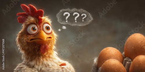 A perplexed cartoon hen contemplating eggs.