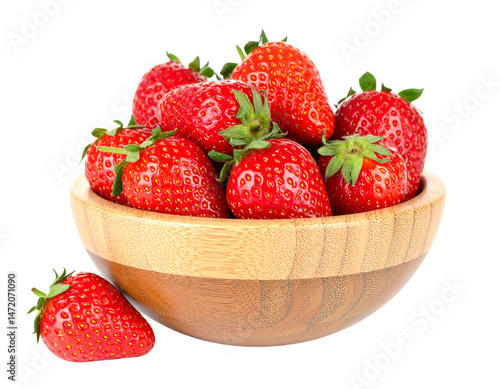 Fresh Strawberries in Wooden Bowl Isolated for Food Photography and Creative Designs
